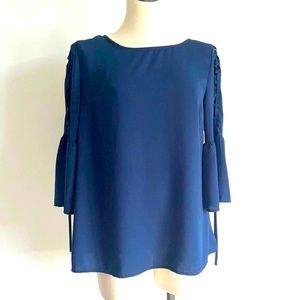 Navy Blue Bell Lattice Lace Up Sleeves Blouse Top Size Small